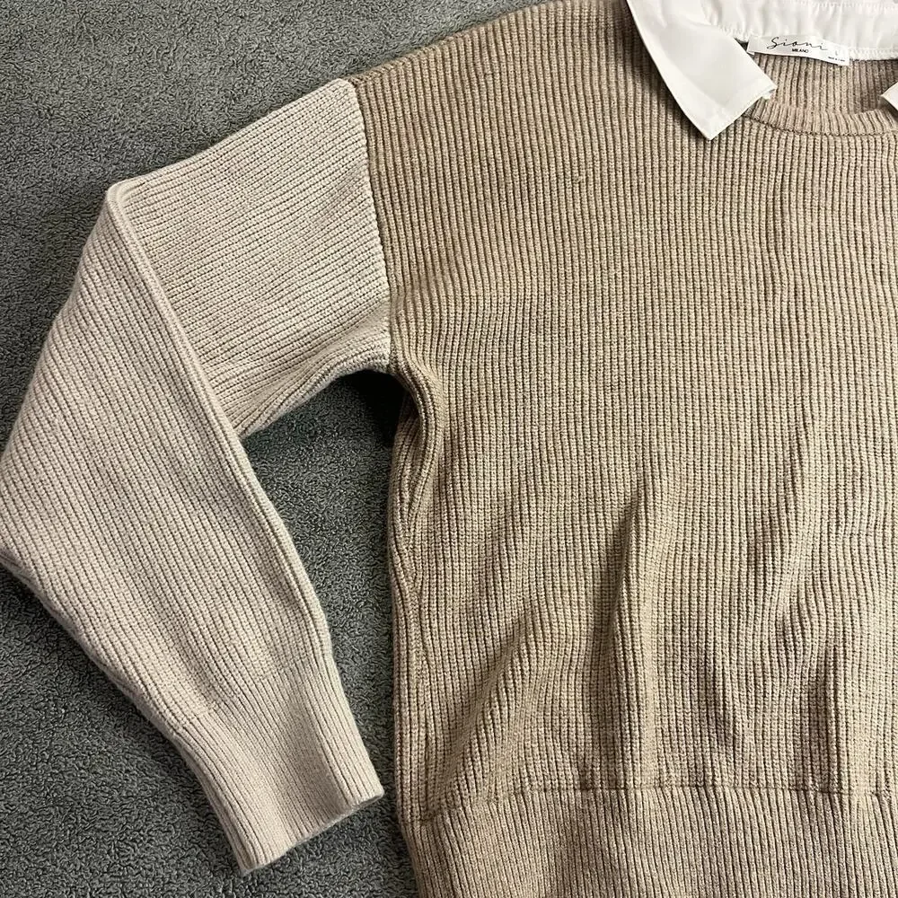 Sioni Milano Layered Look Ribbed Knit Sweater White Collar Hem Size L Tan B337